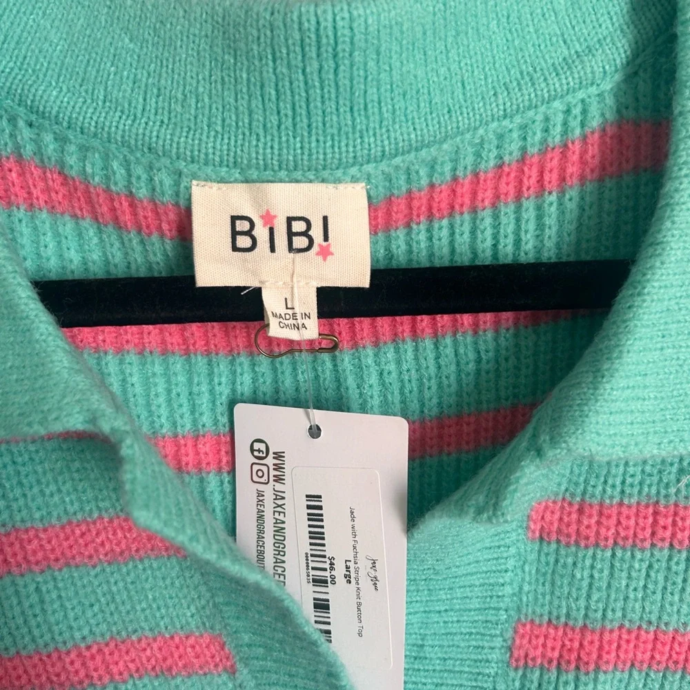 BiBi Women's V-Neck Striped Sweater - Teal and Pink - Picture 4 of 11